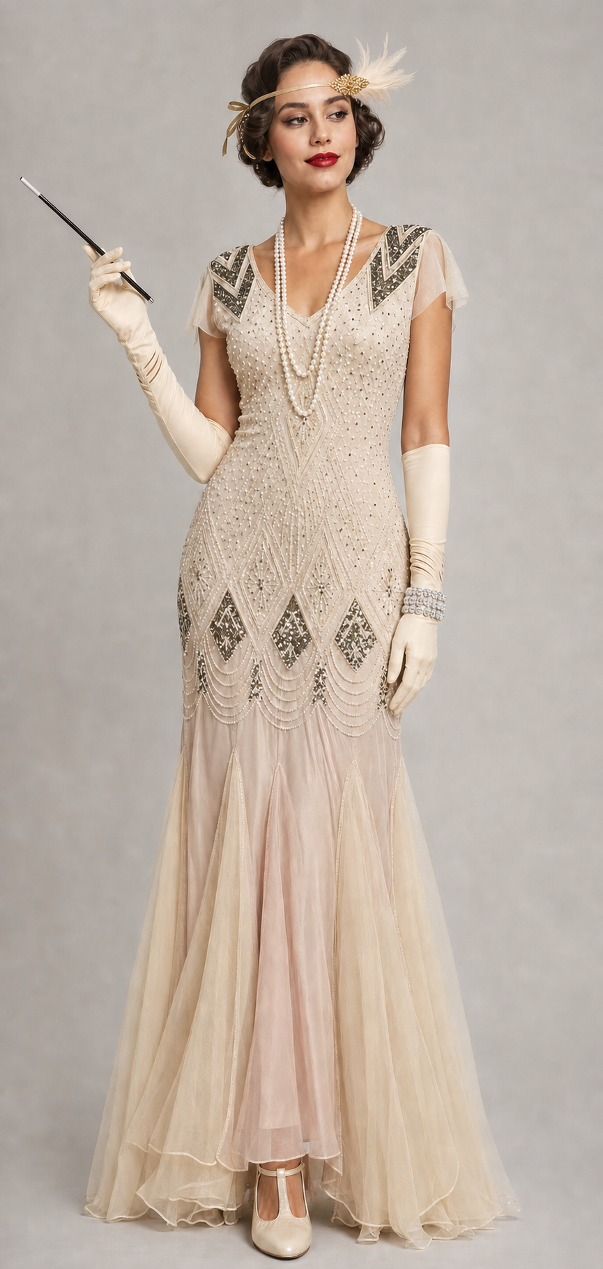 1920s ivory champagne beaded mermaid Gatsby dress worn by model with accessories