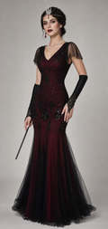 1920s dark wine black sequin mermaid Gatsby dress worn by model with crown and accessories