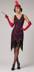 1920s magenta black flapper dress worn by model with full accessories