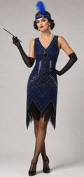 1920s navy blue flapper dress worn by model with full accessories