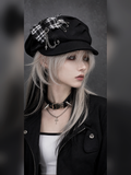 Punk Gothic Newsboy Cap – Black Plaid Chain Cross Pin Hat