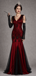 1920s burgundy black lace mermaid Gatsby dress worn by model with crown and accessories