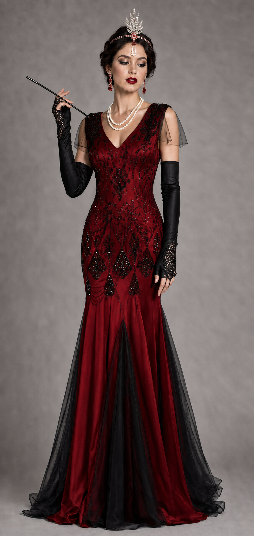 1920s burgundy black lace mermaid Gatsby dress worn by model with crown and accessories