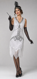 1920s white silver flapper dress worn by model with full accessories