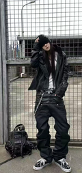 Gothic Black Coated Patchwork Straight-Leg Pants – Unisex Streetwear
