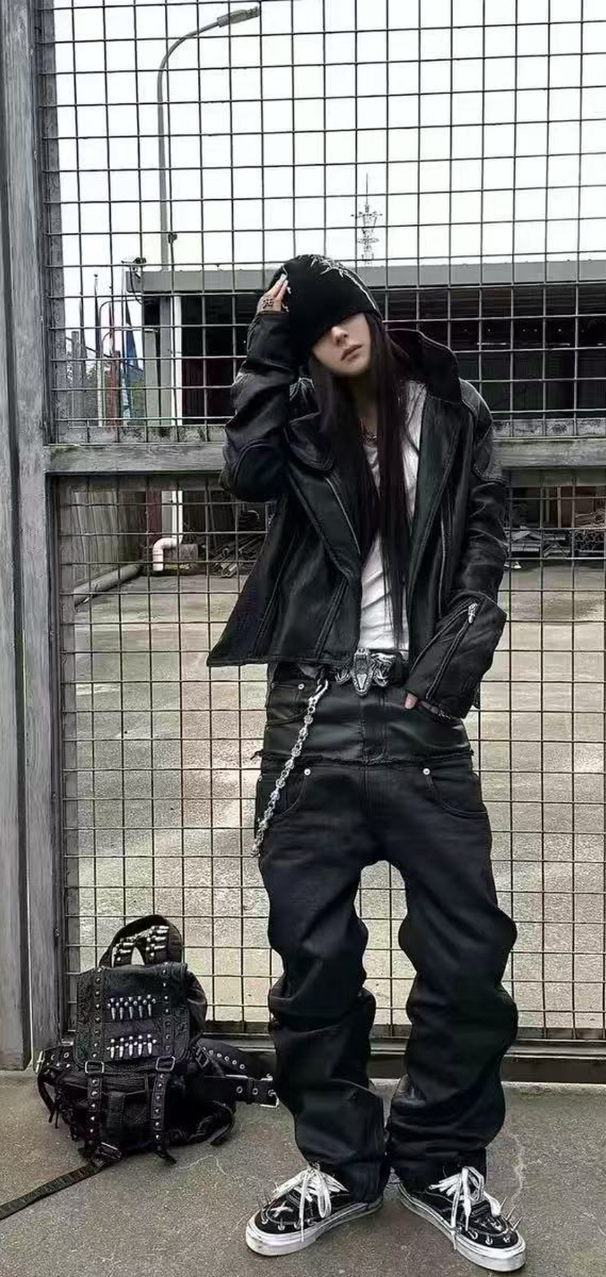 Gothic Black Coated Patchwork Straight-Leg Pants – Unisex Streetwear