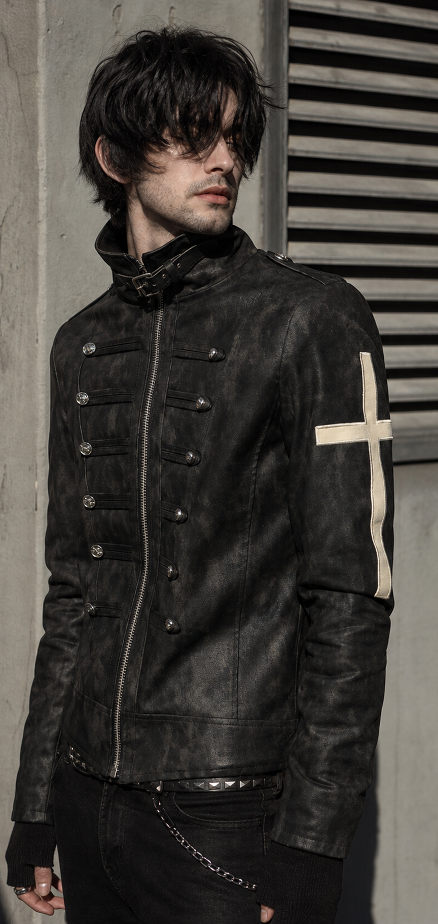 Gothic Military Cross Leather Jacket – Men’s Distressed Biker Coat
